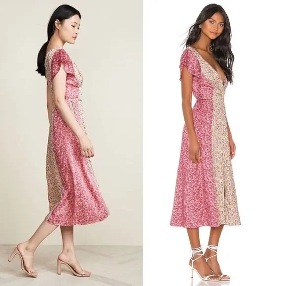 Cinq à Sept Jessica Midi Pink Yellow Dress Floral Stripe Wrap Size 0 - Picture 4 of 11